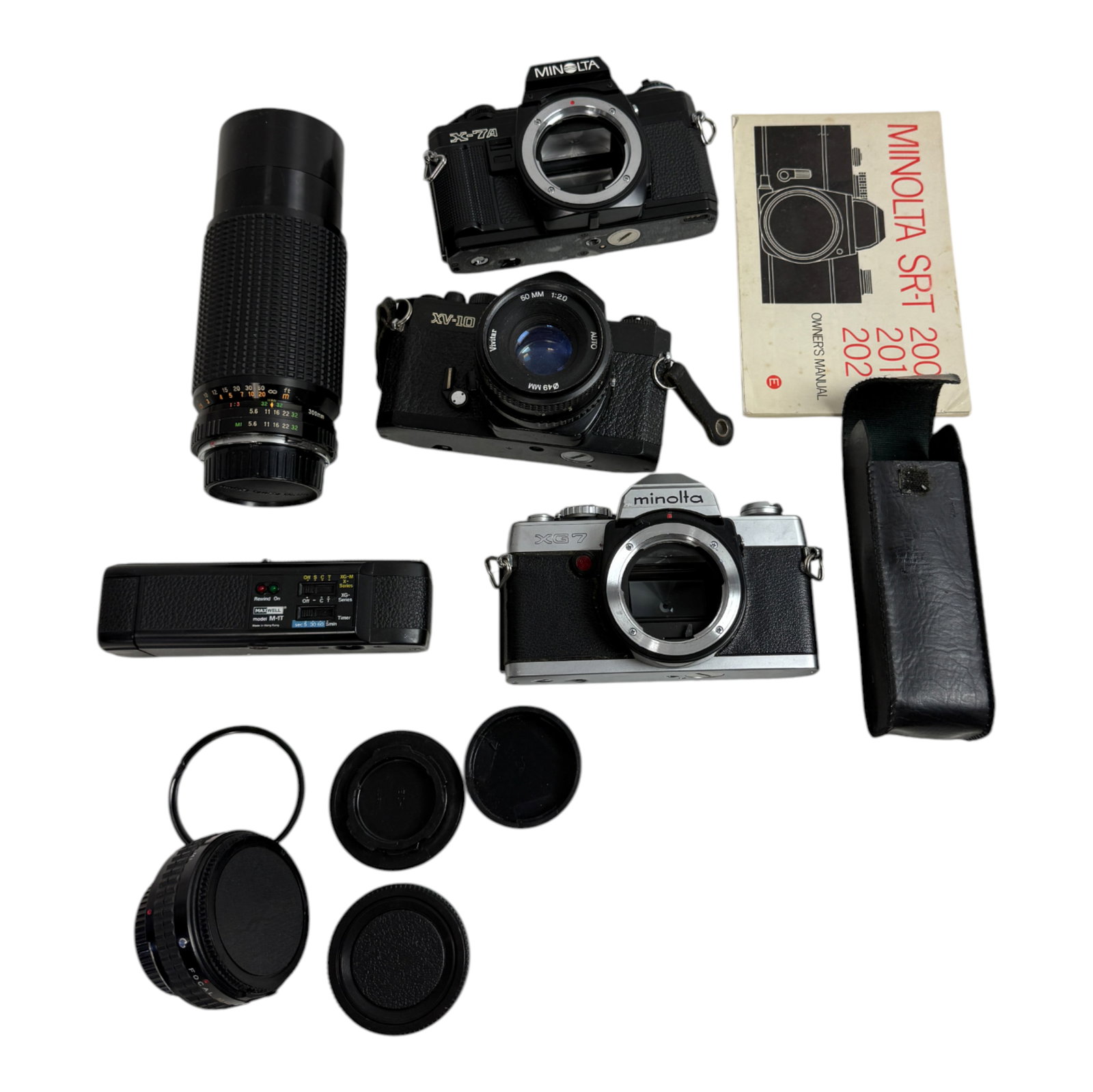 Vintage Camera Lot: Vintage Camera Lot Various Makes of Minolta Cameras Lens and acessories as is