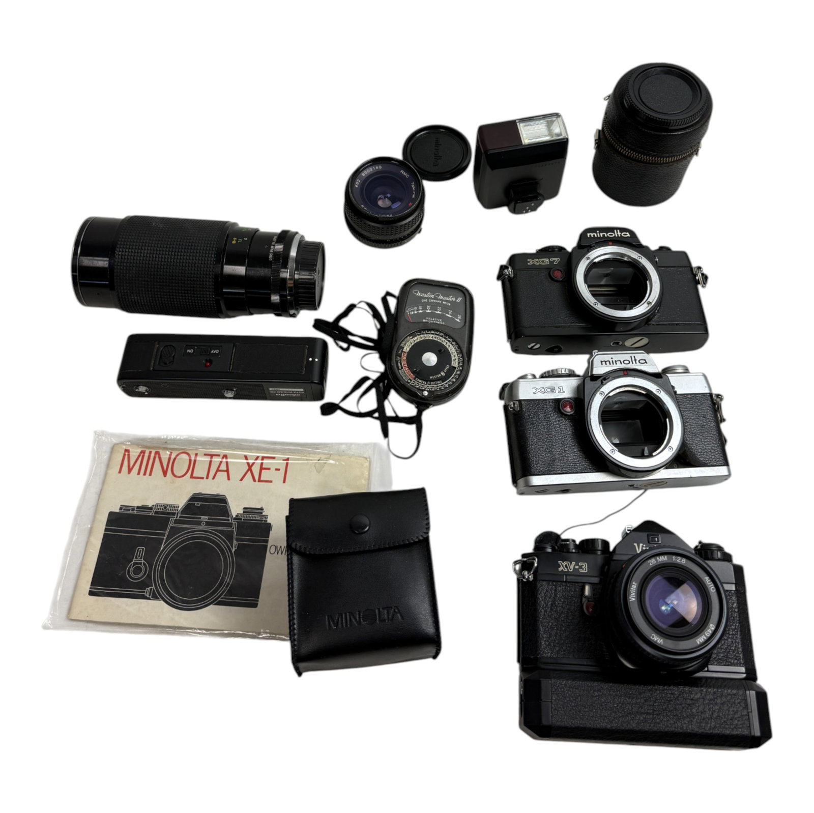 Vintage Camera Lot: Vintage Camera Lot Various Makes of Minolta Cameras Lens and acessories as is