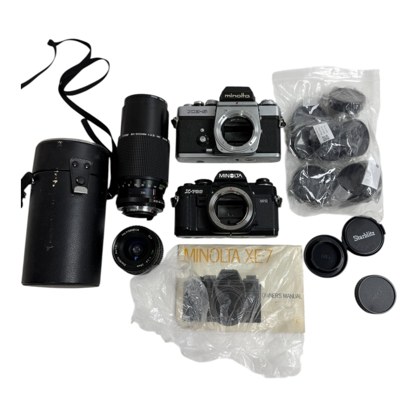 Vintage Camera Lot: Vintage Camera Lot Various Makes of Minolta Cameras Lens and acessories as is