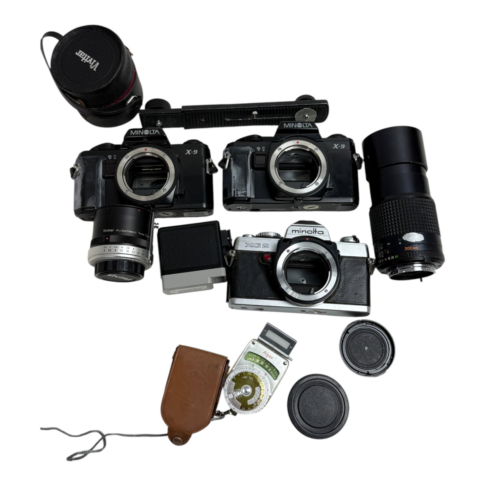 Vintage Camera Lot: Vintage Camera Lot Various Makes of Minolta Cameras Lens and acessories as is