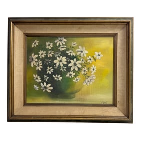 Vintage Still Life Oil Painting Of White Flowers In A Pot Signed By Unknown Artist Lyon