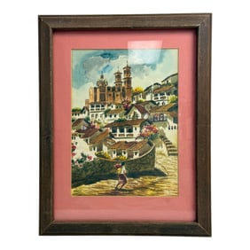 Vintage Water Color Painting Of Mexican Villa And Flower Girl Signed By Max V