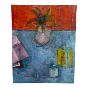 Vintage Still Life Painting Of A Plant And Pot On Board