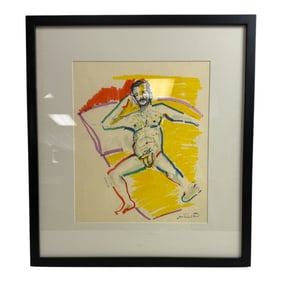 Vintage Burlesque Male Nude Art Watercolor Painting