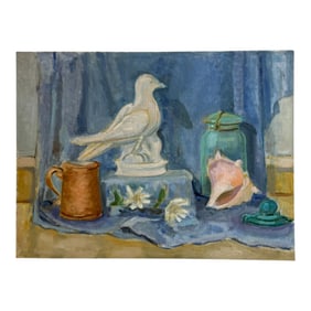 Vintage Still Life Painting Of A Pigeon Statue And A Jar With A Sea Shell