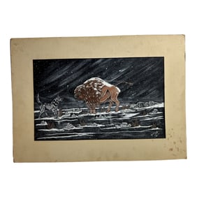 Vintage Painting Of A Buffalo And A Wolf In The Snow Signed And Dated By An Unknown Artist