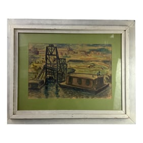 Vintage Watercolor Painting Of Houseboats On The Water Signed And Dated By A. Carpenter