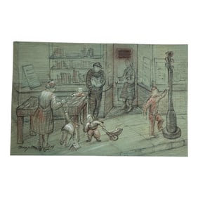 Vintage Sketch Of people Standing On The Sidewalk Signed By A Margritte
