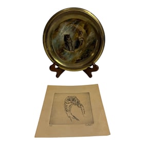 Vintage Owl Engraving Signed Brass Owl Wall Plaque
