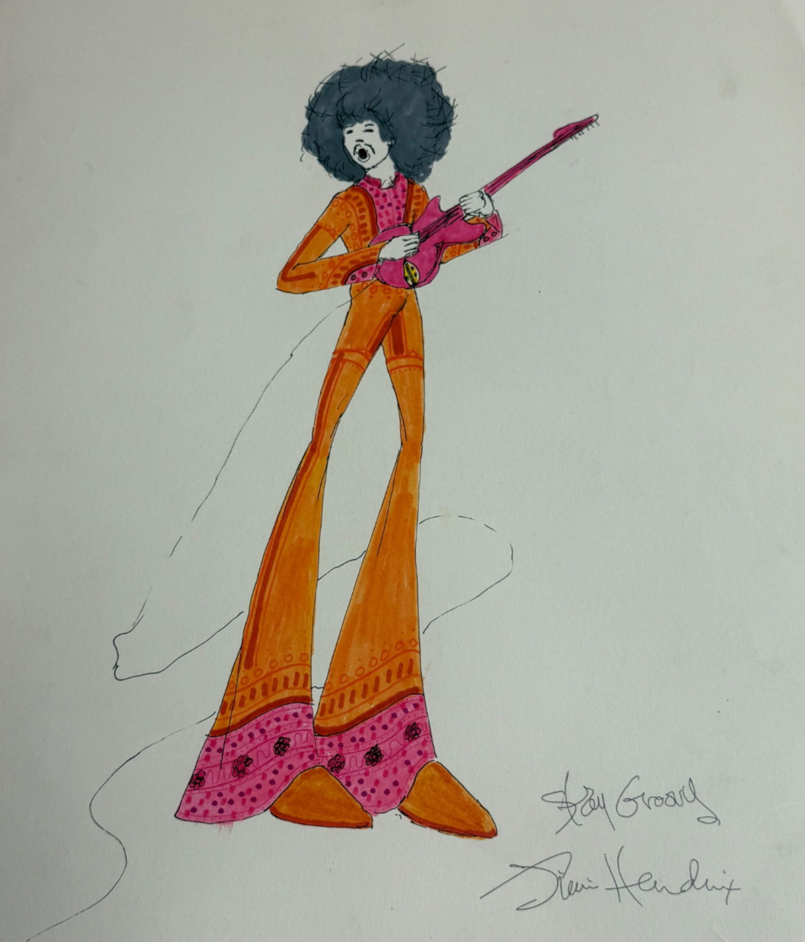 Rare Jimi Hendrix Hand-Signed Illustration Art Drawing: Pen hand-signed by Jimi Hendrix painting. A stunning portrayal of Hendrix, showcasing his iconic style and presence. The artwork reflects the vibrant energy and emotion synonymous with his performance