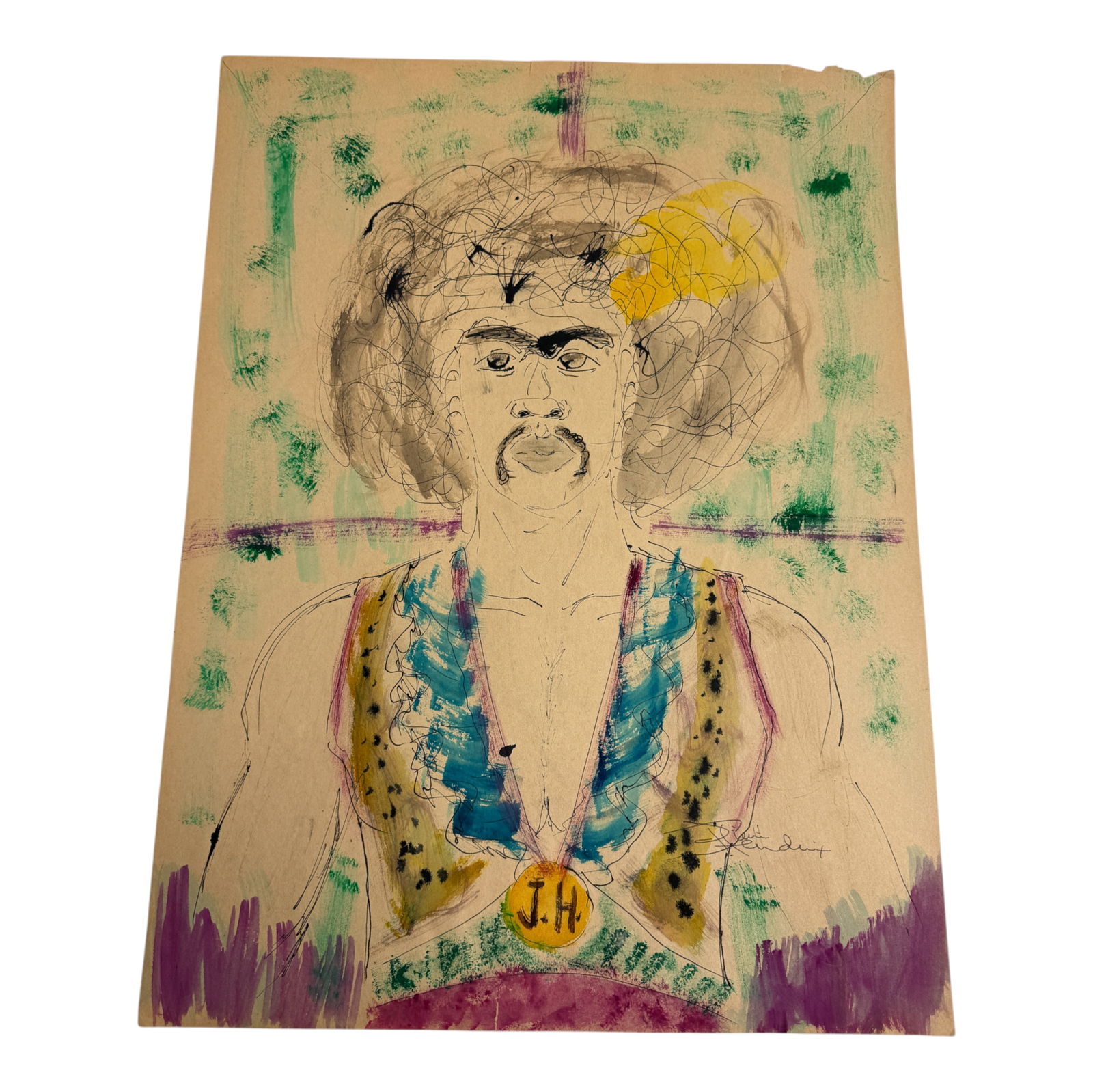 Rare Jimi Hendrix Hand-Signed Illustration Art Drawing: Pen hand-signed by Jimi Hendrix painting. A stunning portrayal of Hendrix, showcasing his iconic style and presence. The artwork reflects the vibrant energy and emotion synonymous with his performance
