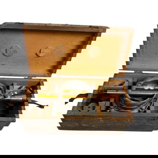 Vintage Boston Surveying Instruments  with Wood Box: A finely crafted vintage surveying instrument marked Boston, housed in its original wooden carrying box. The instrument appears to be a theodolite or transit level, made of brass and metal, featuring