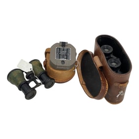 Vintage binoculars and WW2 Military compass lot
