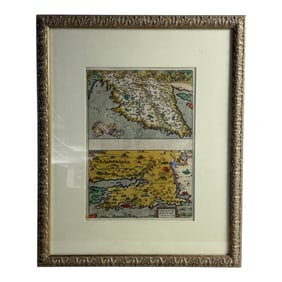 Antique Latin Map Painted Engraving Framed