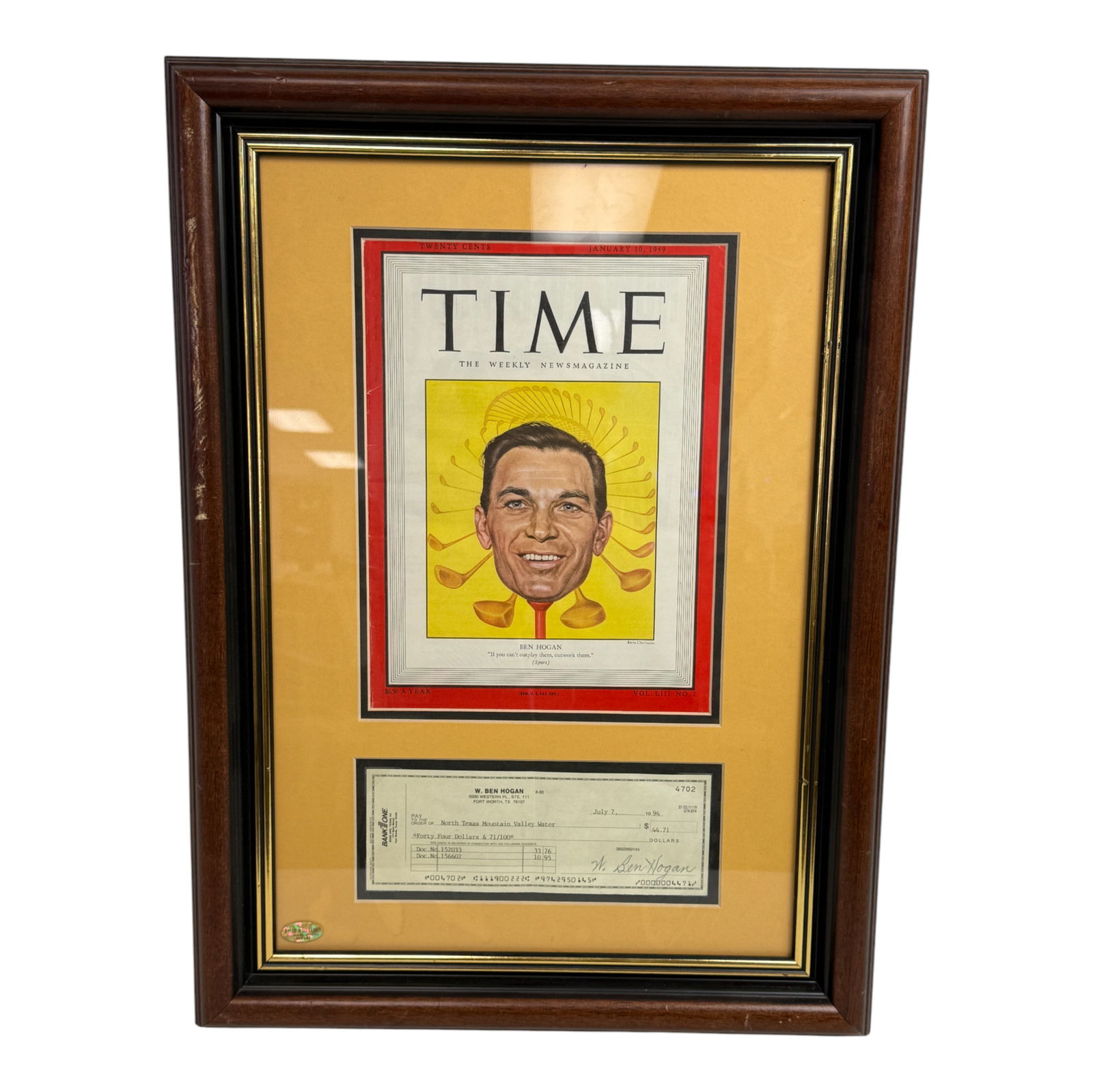 Ben Hogan American Golfer Time Magazine Signed Check Framed (1 of 4)