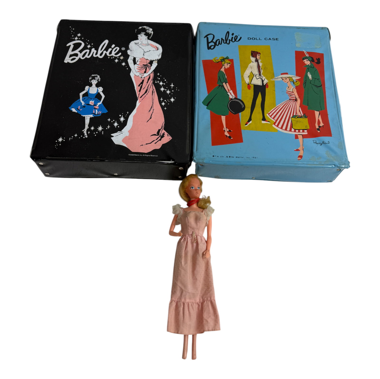 Vintage 1961 Blue And 2008 Black Vinyl Barbie Doll Case With Barbie Dolls (1 of 7)
