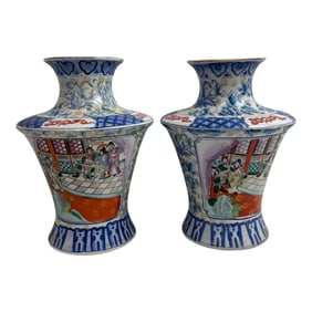 Antique Pair of Chinese Porcelain Rose Medallion Mandarin Blue Court Scene Vase