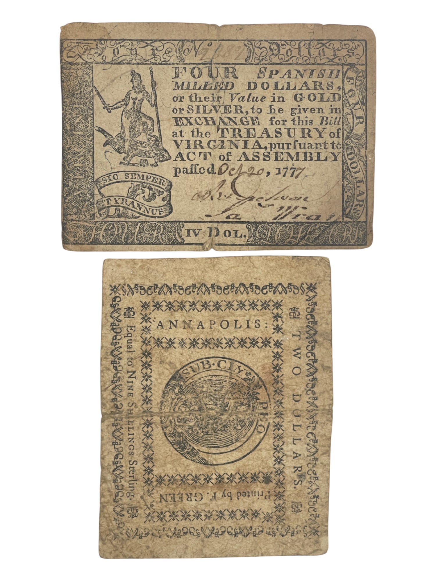 Antique Colonial Money Note Virginia and Annapolis 1777 Lot of 2 (1 of 4)