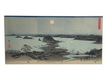 Utagawa Hiroshige (1797-1858) Edo Period Triptych Woodblock Prints - Full Moon at Kanazawa, Province