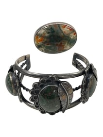 Vintage Navajo Sterling Silver Cuff Bracelet and Ring with Green Jasper Cabochons
