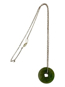 Vintage Chinese Green Jade Necklace with Silver Chain
