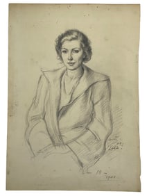 Vintage Pencil Drawing Portrait of Woman Signed Lewis Dated 1944