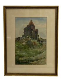 Vintage Signed and Dated 1956 Watercolor Painting of Church
