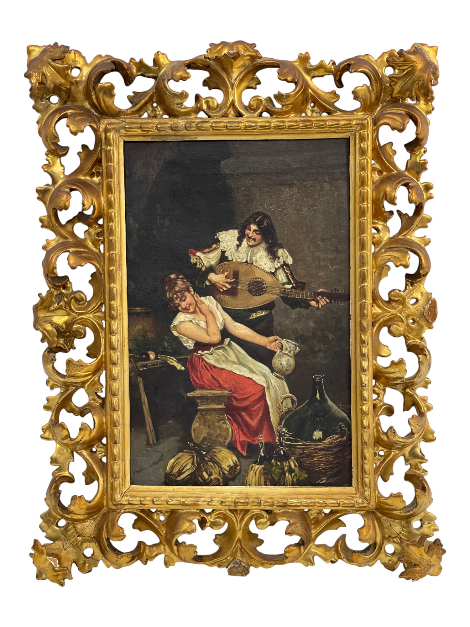 Antique French/Italian Oil on Canvas Painting - Serenade Scene: Antique French/Italian Oil on Canvas Painting - Serenade Scene. Size with frame: 14" x 18 1/2". Size of canvas: 8 1/2" x 12 1/2".