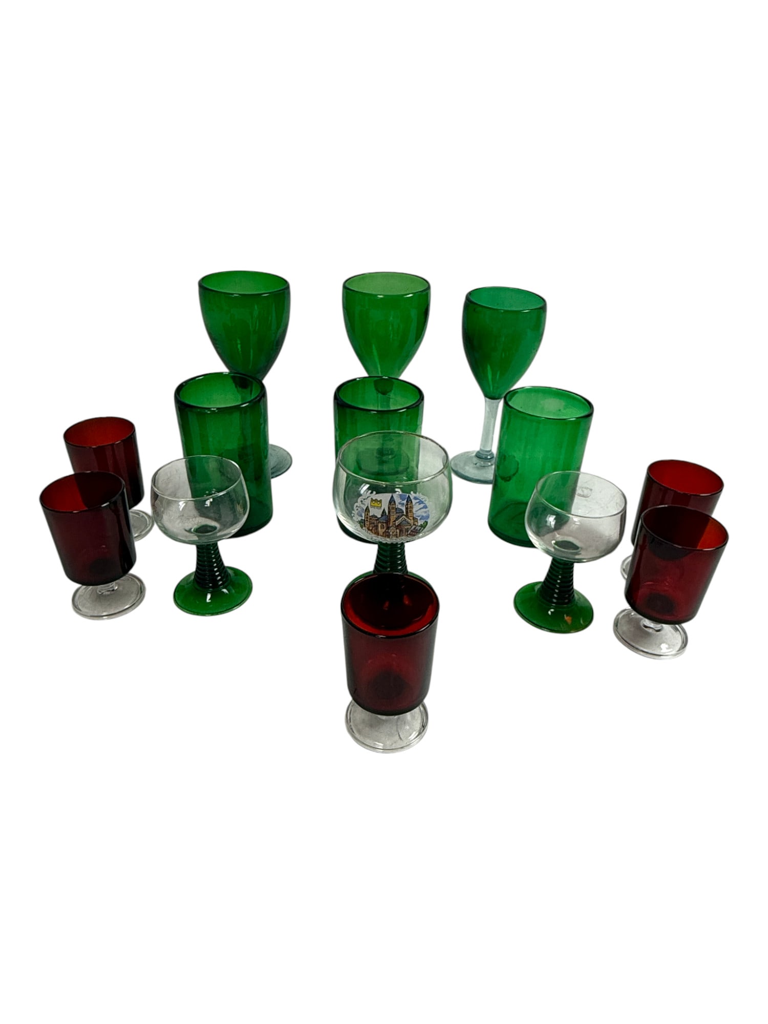 Vintage Green Red Colored Glasses: German Speyer Green Behive Wine glasses,, Mexican Green Hand blown Glasses and wine Goblets, Vtg Ruby red crystal D'arques Durand Fance Wine Glassses