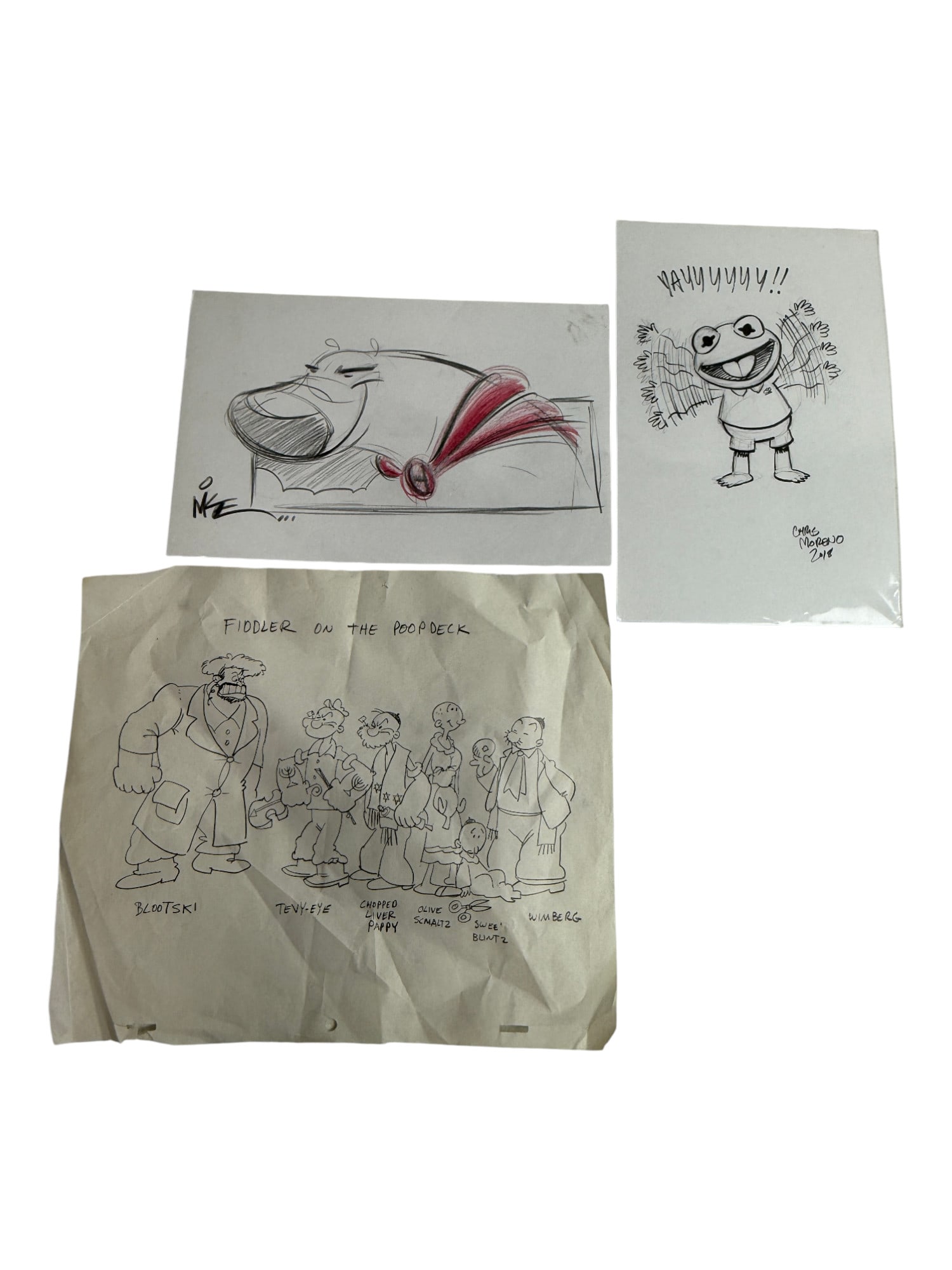 Animation Sketch Lot: Animation Sketch Lot Popeye Fiddler on the Roof 12.25 x 10in, Kermit Signed Chris Moreno 10 x 7 in, Krypto Signed 10 x 7 in