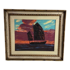 Framed Oil Painting Sailboat at Sunset