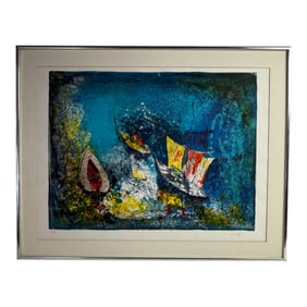 Colorful Abstract Print with Boats Signed