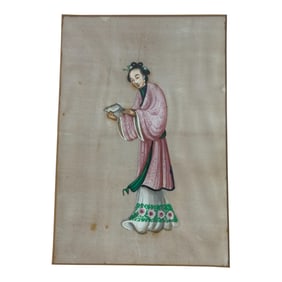 Chinese Watercolor Painting on Pith Paper Woman Reading