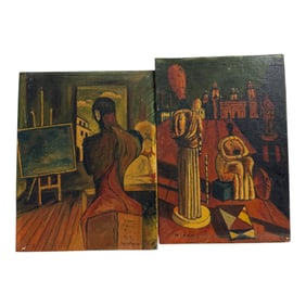 Pair of Surrealist Oil Paintings on Canvas Attributed De Chirico