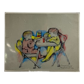 Signed Drawing Children at Table, 1967