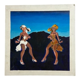 Vintage Painting of Two Women in Colorful Outfits