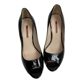 Pair of Prada Black Patent Leather Peep-Toe Heels