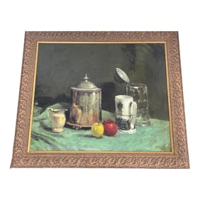 Still Life Oil on Canvas Silverware and Fruit