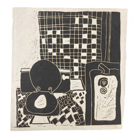 Signed Linocut Print Bathroom Interior