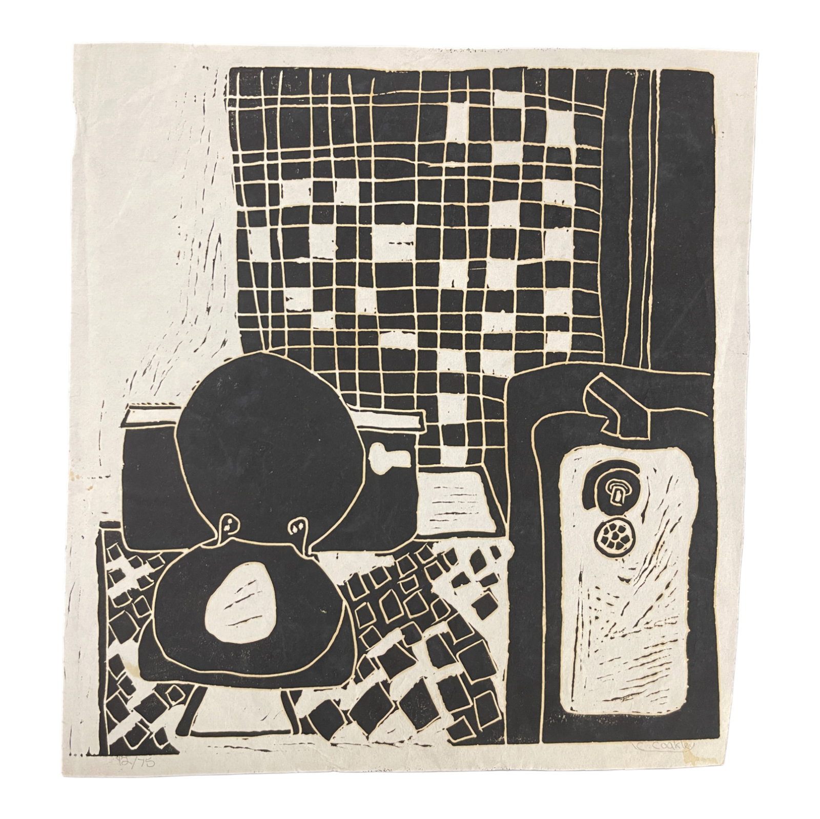 Signed Linocut Print  Bathroom Interior (1 of 5)