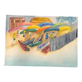 Watercolor Painting Beach Scene with Canoes