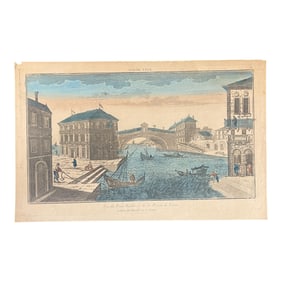 Antique Hand-Colored Engraving of Venice with Rialto Bridge