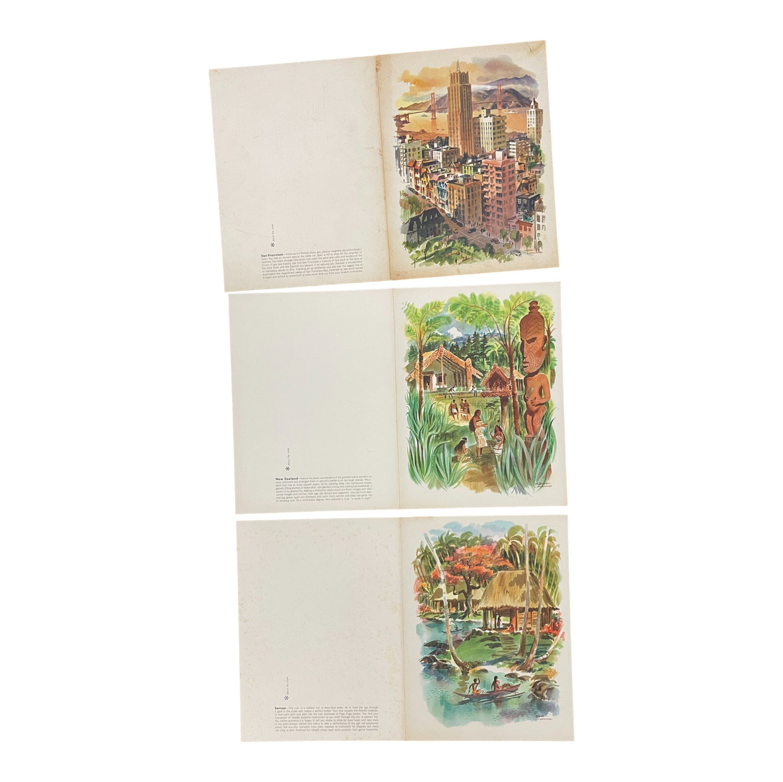 Mid-Century Travel Brochures with Illustrated Scenes: A set of three vintage mid-century illustrated brochures depicting San Francisco, New Zealand, and Samoa. Each features vivid cover artwork with colorful depictions of cityscapes, traditional scenes,