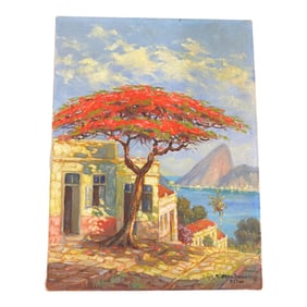 Brazilian Oil Painting with Flamboyant Tree and Seaside View