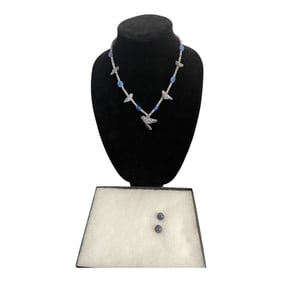 Blue Stone and Carved Bead Necklace with Earrings