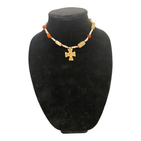 Ancient Style Carved Stone Cross Pendant Necklace