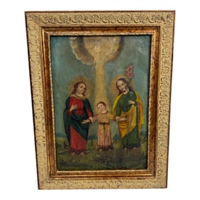 19th Century Spanish Colonial Religious Painting, Madonna & Child with Saints
