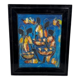 Colorful Abstract African Market Scene Painting Signed Charmin