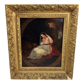 Antique European Oil Painting Woman with Lion and Horse