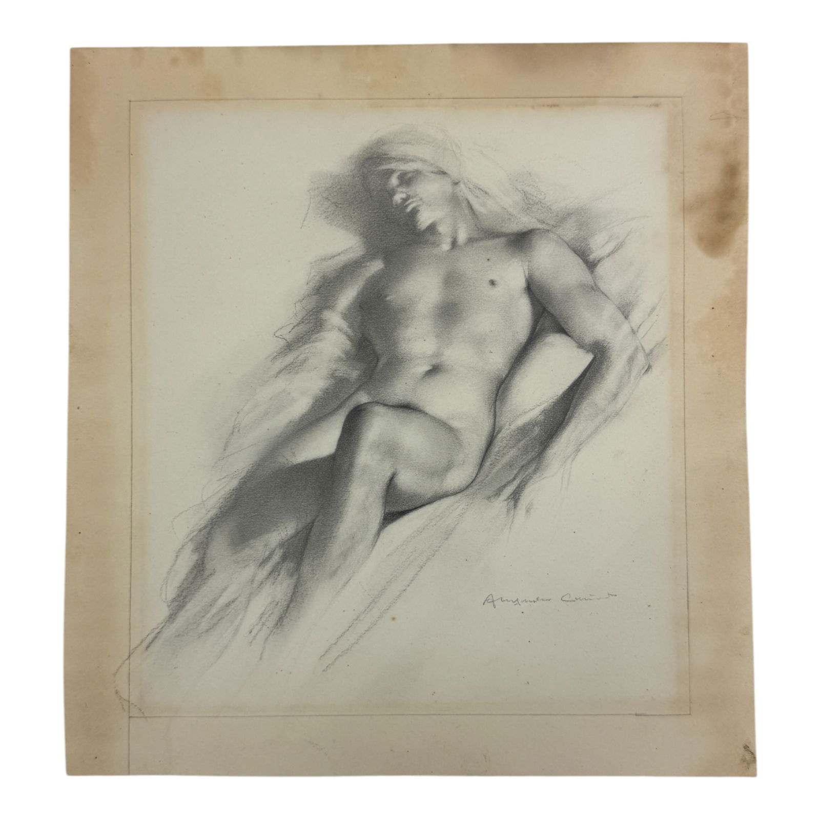 Male Nude Charcoal Drawing: Signed charcoal drawing of reclining male nude, mounted on board.